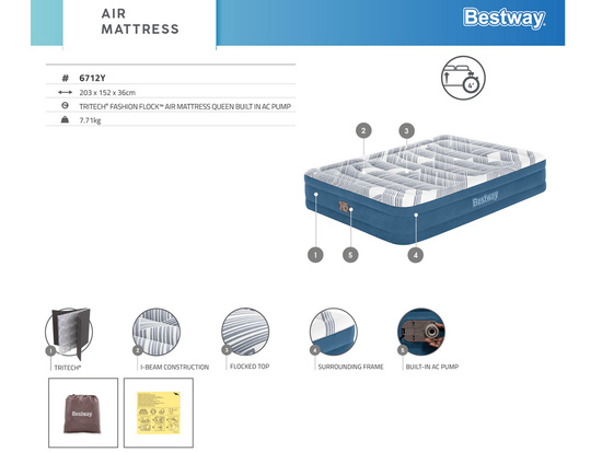 Bestway Samopompujący materac kempingowy 2-os. 300kg QUEEN 203x152cm 6712Y