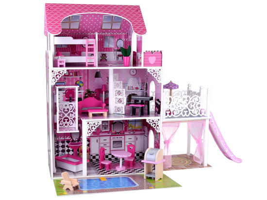 Large wooden dollhouse, slide, swimming pool, furniture, LED lighting ZA3562