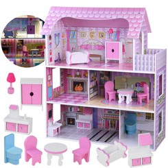 PINK Wooden dollhouse + furniture + LED lighting ZA4130