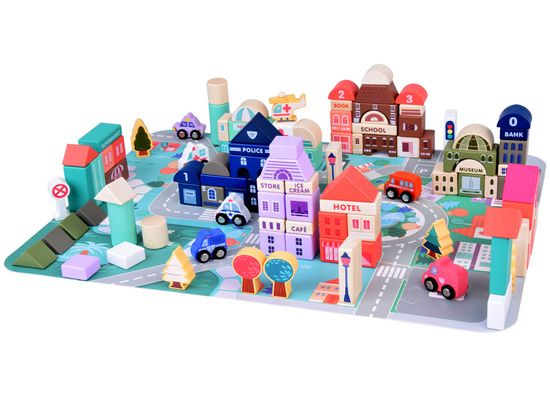 Pastel Set Wooden Blocks Town + Puzzle Mat 115 pcs ZA5373