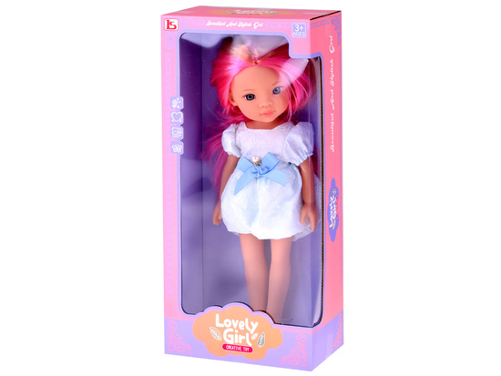 Charming Doll in a White Dress with a Blue Bow, 33 cm Doll ZA5850