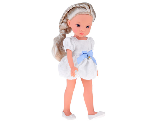 Charming Doll in a White Dress with a Blue Bow, 33 cm Doll ZA5850