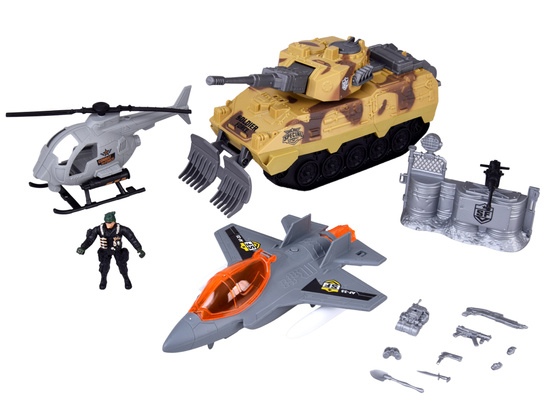 Large military set: tank, fighter, helicopter, and soldier ZA5752