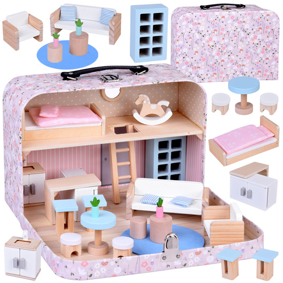 FLOWER Dollhouse in a lockable suitcase + wooden furniture ZA5930