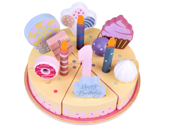Candy Wooden Birthday Cake Toy with Candles and Decorations – Cutting Play Set ZA5936