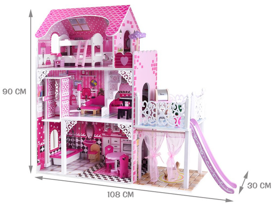 Large wooden dollhouse, slide, swimming pool, furniture, LED lighting ZA3562