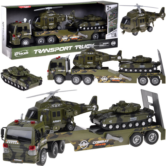 Military Transport Truck Set – Army Tank, Helicopter & Truck with Friction Power, Lights and Sounds