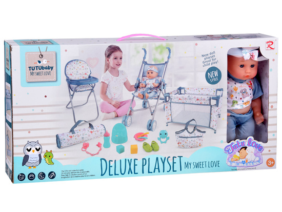 Deluxe Baby Doll Set Stroller Cradle High Chair Accessories 16 pcs ZA5917