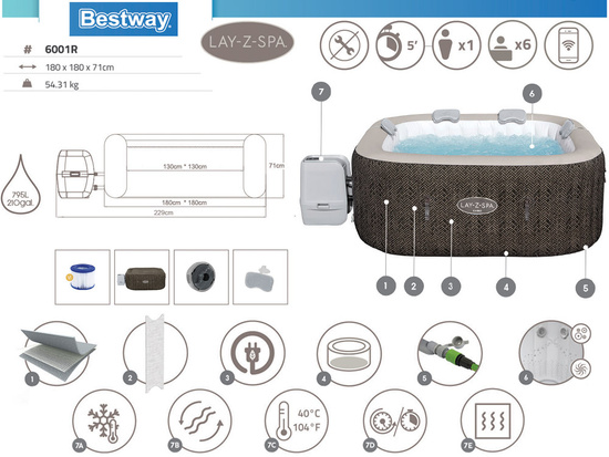 Bestway Lay-Z-Spa Cabo HydrotJet 6 hydromassage 4-6 people WiFi application 6001R