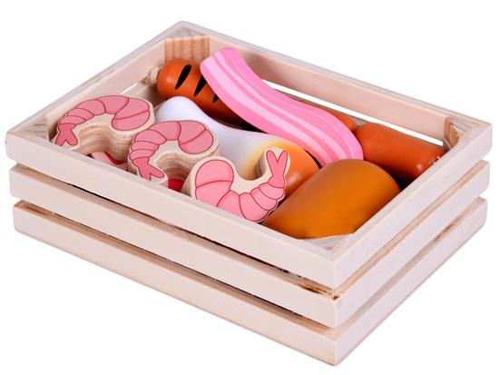 Drewniana SKRZYNKA Z WĘDLINAMI - zestaw zabawkowych mięs dla dzieci ZA5942