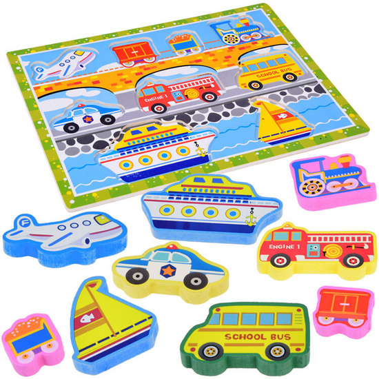 Wooden puzzle transport vehicles 9pcs match shapes ZA5257