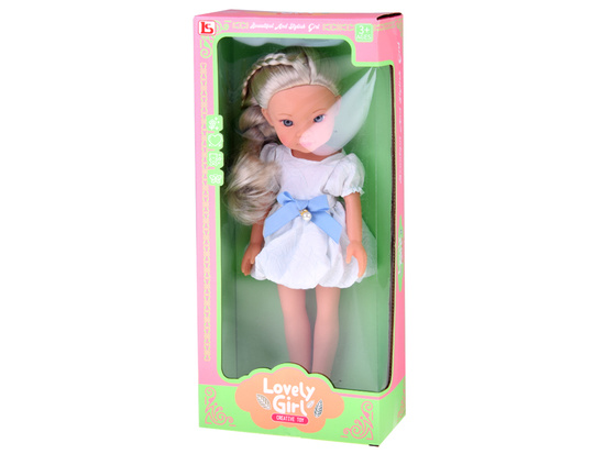 Charming Doll in a White Dress with a Blue Bow, 33 cm Doll ZA5850