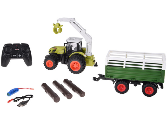 Sterowany Traktor na pilota z przyczepą i chwytakiem bale drewna RC0719