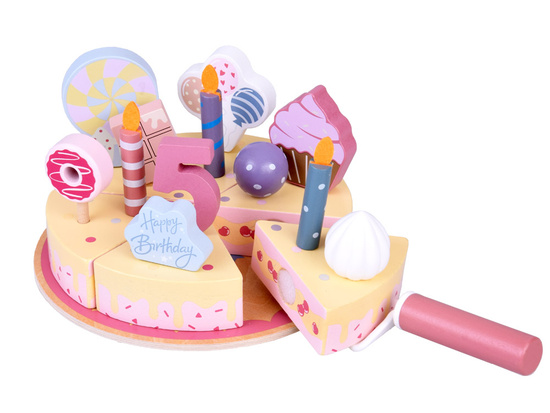 Candy Wooden Birthday Cake Toy with Candles and Decorations – Cutting Play Set ZA5936