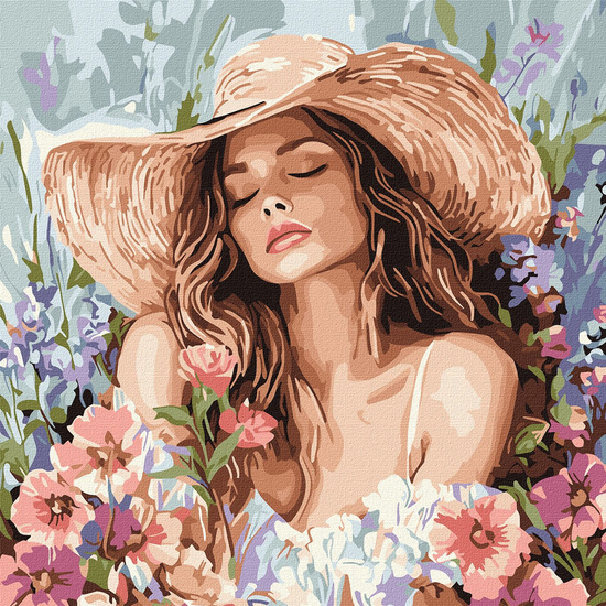 Painting by numbers 40 x 40 cm KHO8569 Girl in a hat among flowers AP0100