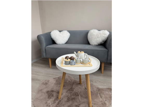 BEŻOWY Zimowy drewniany Zestaw herbaciany w gwiazdki Filiżanki Taca ZA4124