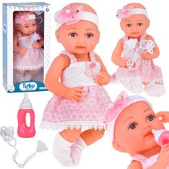 Rubber baby doll in a pink dress, bottle, pacifier ZA5235