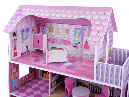 PINK Wooden dollhouse + furniture + LED lighting ZA4130