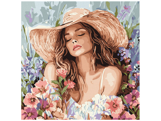 Painting by numbers 40 x 40 cm KHO8569 Girl in a hat among flowers AP0100