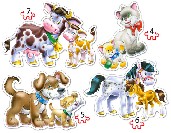 Puzzle 4w1 4,5,6,7-elementów Animals with Babies