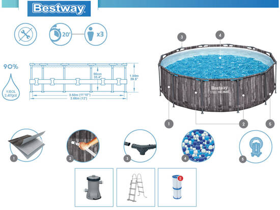 Bestway Basen stelażowy drewno 366x100cm 8w1 pompa drabinka 5614X