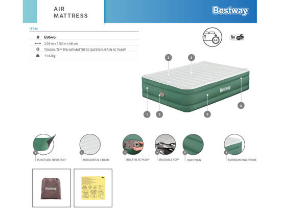 Bestway Dmuchany materac dwuosobowy samopompujący 203x152x46cm 69646 