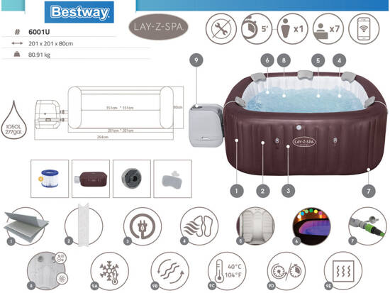 Bestway Lay-z-Spa Maldives Pro7 2025 jacuzzi WiFi aplikacja LED 5-7os6001U