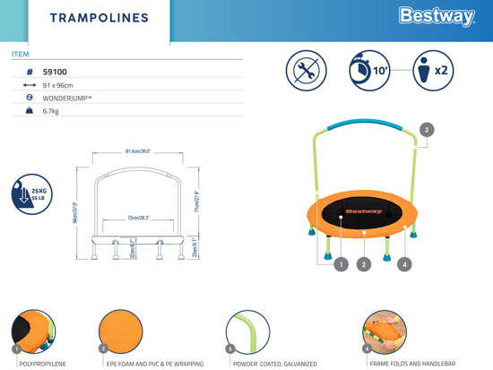 Bestway Trampolina Wonderjump z uchwytem wewnątrz/zewnątrz 91x 96cm 59100