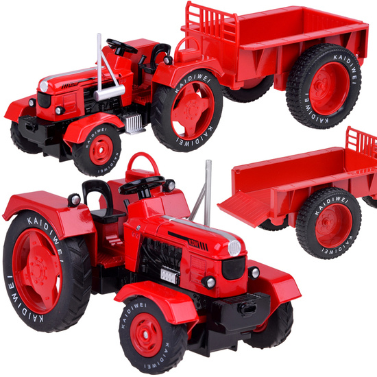 Czerwony Metalowy Traktor z przyczepką Skrętne Gumowe koła 1:18 ZA5202