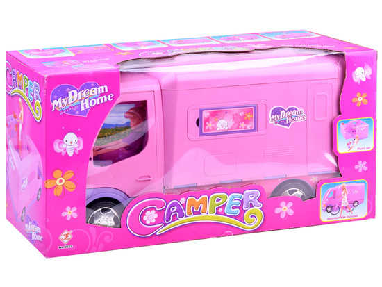 Różowy SAMOCHÓD dla lalki Camper + rower ZA0164